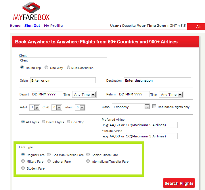 Special Air Fare Types available on MyFareBox TravelMole